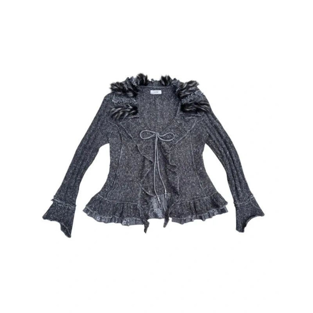 Whimsigoth Fairycore Romantic La Seine Furry Trim Ruffle Cardigan - L
